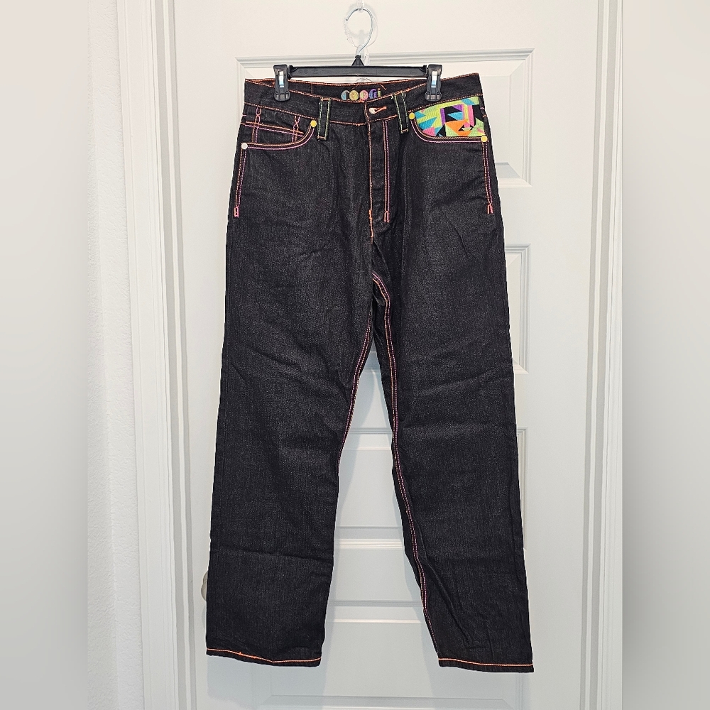 VTG COOGI Men’s Baggy Jeans 34x34 Rainbow Contrast Stitch Y2K Streetwear GUC